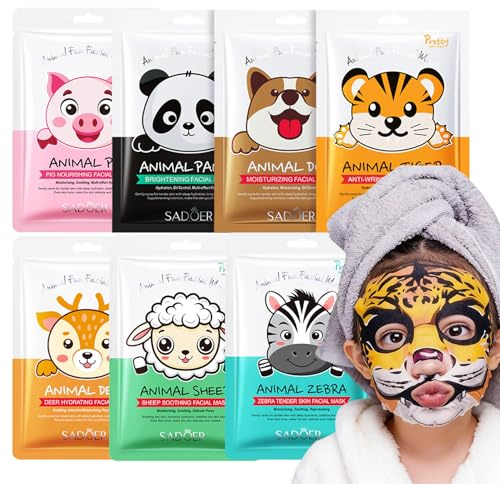 Face Masks Skincare- Animals Face Mask Moisturizing And Smoothing 7 Sheet Cute Kid Face Mask Gift Set Skin Care Gifts for Kids Teenage Girls (7 Sheets)