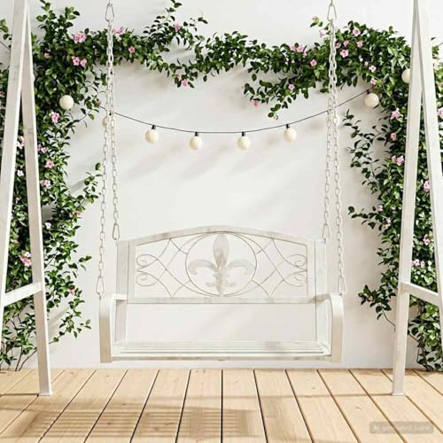 Ziaphsol Banc à bascule en acier blanc vieilli 71,5 x 59 x 55 cm, banc à bascule de jardin pour terrasse, véranda, construction en acier robuste pour des sièges détendus