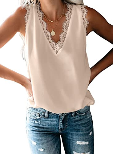Uusollecy Camiseta Sin Mangas de Verano para Mujer Blusa de Chiffon con Encaje y Cuello en V Top Casual Lencero,Albaricoque,S