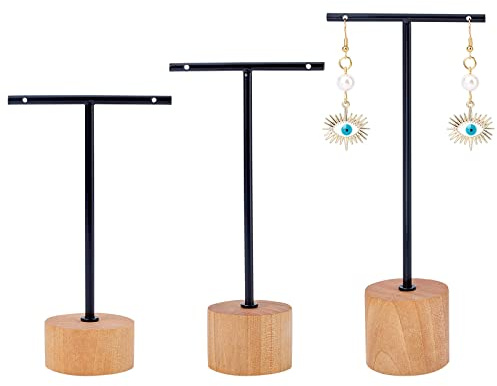 FINGERINSPIRE Soporte de exhibición de pendientes de barra en T de metal negro de 3 piezas con base de madera para joyas, organizador de joyas para tiendas minoristas de fotografía