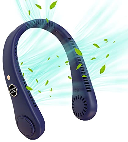 Uotory 360 Degree LED Digital Display Portable Neck Fan,USB Wearable Fan 5 Wind Speeds Hanging Leaf Less Portable Outdoor Hanging Neck Lazy Fan (blue) (WWJ-614-4)