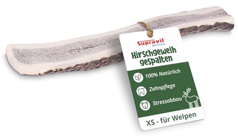 Supravit Gespaltenes Hirschgeweih für Hunde | 100% Rothirsch-Geweih | Natürlicher Kauknochen für Langanhaltende Beschäftigung | Spannendes Kauspielzeug | Nachhaltige Zahnpflege | XS – Klein