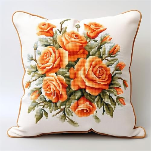 Lfynior DIY Kreuzstichkissen Rose Stickkissen zum Selbersticken 45X45cm Stickpackung Stickset Kreuzstich Kissen zum Basteln Stickkissen Stickpackung mit Vorgedruckt Kreuzstichmotiv
