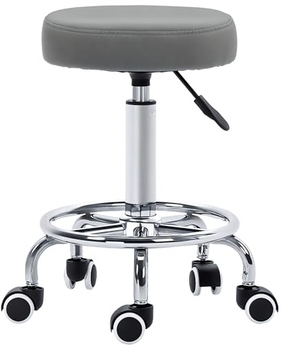 Vinsetto Round Rolling Stool, PU Leather Height Adjustable Stool Chair with Wheels and Swivel Seat for Salon, Massage, Spa, Home Kitchen, Grey
