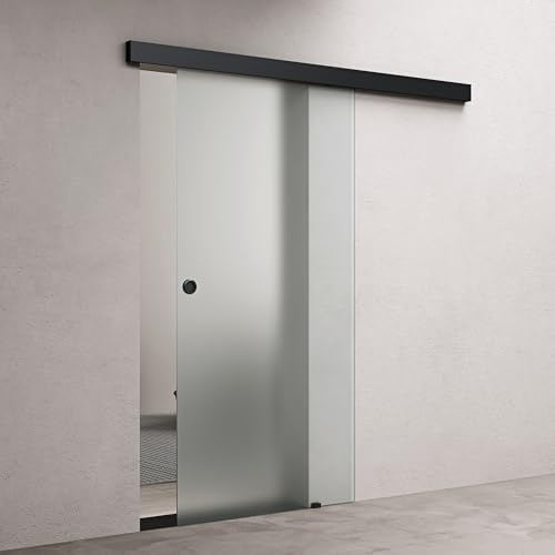 doporro Glasschiebetür Komplettset Softclose 90 x 205cm | 25mm Wandabstand | Schiebetür mit ESG-Sicherheitsglas | Zimmertür Glas Vollsatiniert und Schwarz Muschelgriff | Amalfi-plus 12