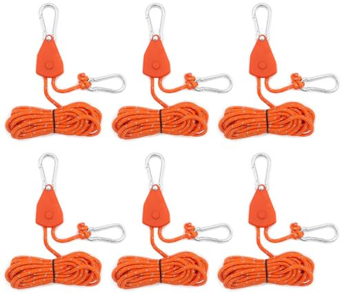 Kellegour 6 Stück Reflektierend Abspannseile,Seil Ratsche Kleiderbügel Aufhänger,4mm Seil Ratsche mit Haken,Rope Seilratsche mit Haken,für Zelten,Ventilatoren,Pflanzenleuchten(Orange,13.12ft/4M)