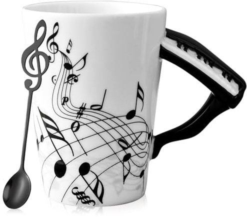 Keramikkopp, 250 ml keramisk kaffekopp med piano handtag, musiknoter bedrukt tekopp keramikkopp med musiknoter skedar, presentmugg keramik dryckesbägare för älskare av musik musik musik gåva