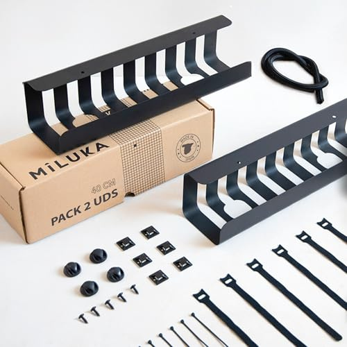 Pack 2 Organizadores de Cables para Escritorio - Bandejas para Cables de 40x10 cm - Negro Mate - Ideal para Mesa de Oficina, Gaming o TV