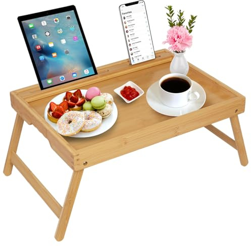 Säng bricka bord med vikbara ben, bambu frukost matbricka med mediaplats, används som platta, laptopskrivbord, mellanmål, TV-bricka kök serveringsbricka (bambustor)