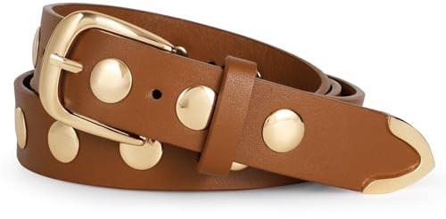 LEACOOLKEY Femmes Mode Ceinture en Cuir Ceinture en Cuir Avec Goujons Ceinture Femmes pour Jeans Robe Ceinture Punk, D-Marron, 110cm(Misura vita 79cm-90cm)