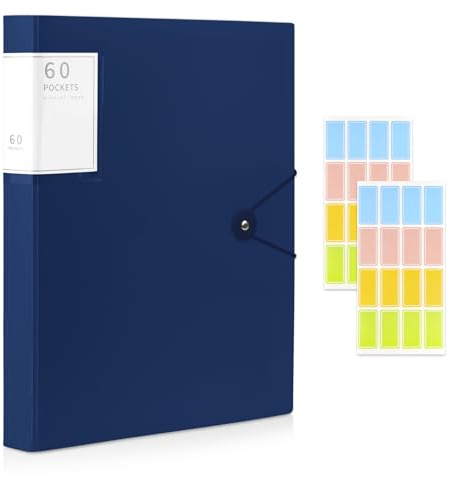 A4 Display Folder, 60 Pockets Display Book Folders, Presentation Folders with Plastic Sleeves & Safety Rope, Suitable for Documents, School, Office & Business Project Use (Dark Blue)