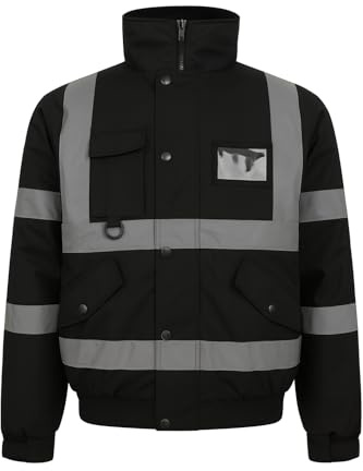 BLOOM BLENDS High Visibility Bomber Jacket Waterproof Reflective Safety Coat – Hi Vis Workwear Winter Jacket with fleece Lining, Waterproof Outer & Removable Hood (UK, L, Black)