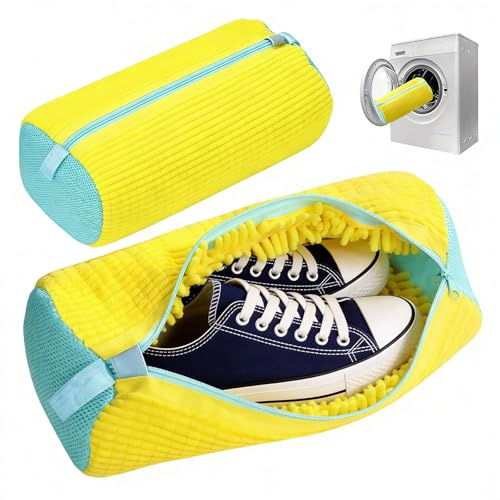 2 Pack Shoe Washing Machine Bag, 360° Chenille Microfiber Shoe Cleaner Bag with Zipper, Reusable Shoe Laundry Bag for Mesh Shoes, Canvas Shoes, Casual Shoes, Running Shoes (Yellow)
