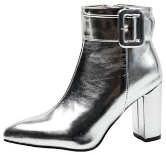 2026 Botines de moda con punta puntiaguda, tacón de bloque con hebilla de correa, perfectos para trajes casuales de noche, plata, 38 EU