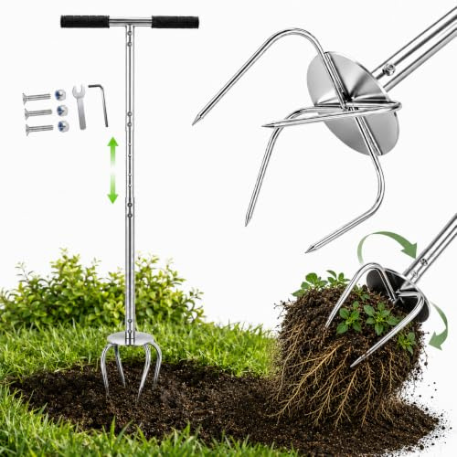 uifame Garra de jardín con mango de altura ajustable, eliminador de malas hierbas con 4 dientes, herramientas de jardín de acero inoxidable para aflojar, deshierbar y cultivar parterres, arriates y