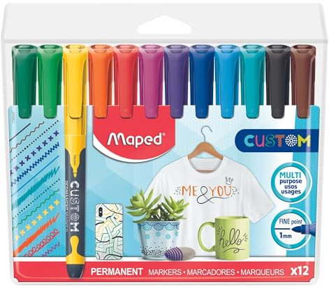 Maped - Permanent-Marker/Kreativ-Marker CUSTOM mit feiner Spitze - für verschiedene Oberflächen: Holz, Metall, Glas, Porzellan, Karton, Textilien - x12 Farben im Set, 734547