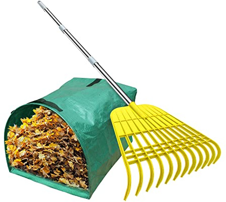 Gardzen 12 Tines Gardening Leaf Rake, Lightweight Steel Handle, Detachable, Ideal Camp Rake, Comes with Dustpan-Type Garden Bag - Yellow