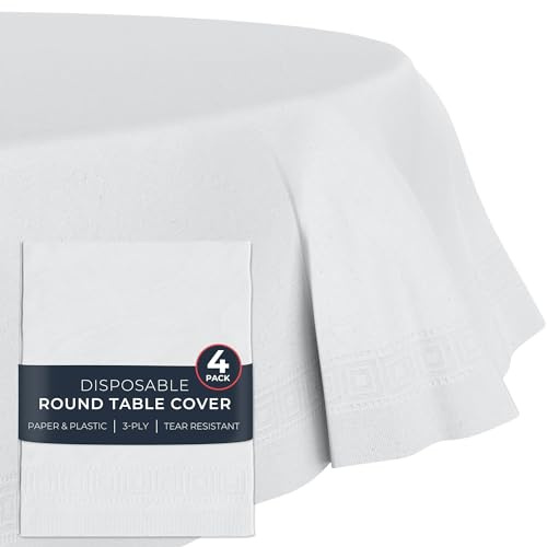 HOUZZKINGZ USA Paper Tablecloths for Round Tables | 4 Pack | White, 3-Ply Premium Paper & Plastic Table Cloths for Parties, Disposable