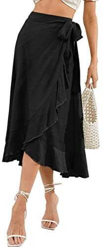 FEOYA Faldas largas de cintura alta para mujer, con lazo cruzado, dobladillo con volantes, estilo casual, para verano, playa