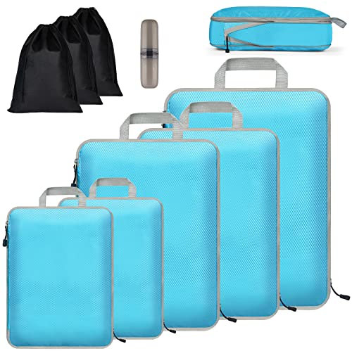 Eucomir Koffer Organizer Set 9Pcs,Packing Cubes Wasserdichte Reise Kleidertaschen,Verpackungswürfel,Erweiterbare Packtaschen,Gepäck Organizer für Reisen oder Zuhause, Himmelblau