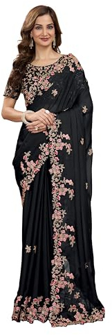 TRENDMALLS Women's Rangoli Silk Heavy Embroidred Saree with Unstitch Blouse Piece (K954-Black)