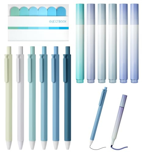 Vicloon 6 Penne a Inchiostro gel Retrattili, 6 Penne Illuminanti, 6 Pezzi Sticky Notes School Supplies Aesthetic, Inchiostro Nero Liscio, Foglietti Adesivi, Evidenziatori (Blu)