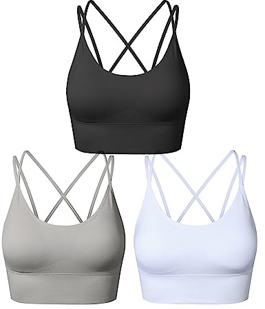 SEGRILA Strappy Sports Bras for Women Crisscross Back Yoga Workout Bras with Removable Pads,Black+White+Grey,S