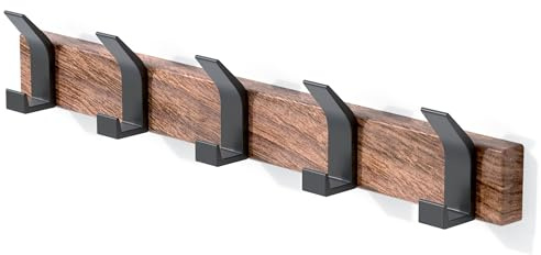IURRDOP 17 Inch Black Walnut Wood Wall Mounted Coat Rack with 4 Black L Hooks, Adhesive Mounted Entryway Hooks, Modern Natural Wooden Pegs for Hanging Coat Clothes Hat Bag Purse Key and Towel