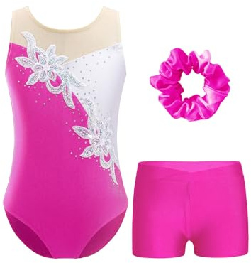CHICTRY Kids Girls Sparkly Sleeveless Gymnastics Ballet Dance Leotard Figure Skating Bodysuit with Shorts Hair Scrunchies Rose 8 Years