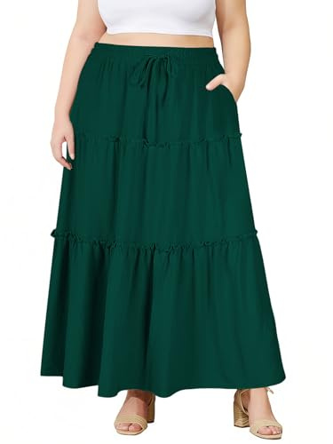Moon Wood Gonna Lunga Pieghettata Donna Taglie Forti Gonna Estiva Svasata Vita Alta Elastica A-Linea con Tasche Casual Elegante Verde XL