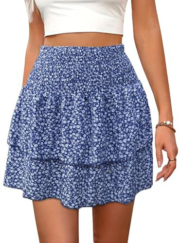 XFSRG Damen Sommer Boho Blumen Rüschen kurz Rock Elastische Hohe Taille Kordelzug Falten Minirock Sommerrock Strand Blumen Rock Geeignet für Sommer und Alltag(S)