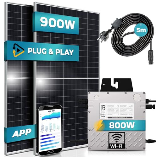 SUNNIVA® 900W Balkonkraftwerk 800W komplett Steckdose - Beny 800W Wechselrichter - PV Solaranlage Komplettset - 2x 450W Solarmodule - inkl. 5m Kabel - WIFI