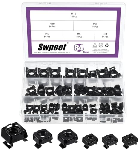 Swpeet 84Pcs 6 Sizes M4 M5 M6 M8 M10 M12 Black Zinc Plated Carbon Steel Snap-in Cage Nuts, Square Cage Nut, Rack Rail Retainer Nuts, Server Shelf Cabinets Rack Mount Cage Nuts, Clip-On Computer Nuts