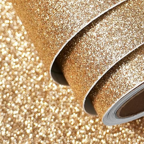 FunStick Champagne Gold Glitter Wallpaper Art Deco Cupboards Vinyl Wrap Self Adhesive Gold Wallpaper for Walls Bedroom Sparkly Fabric Glitter Sticky Back Plastic for Furniture Shelves Crafting 40CM×2M
