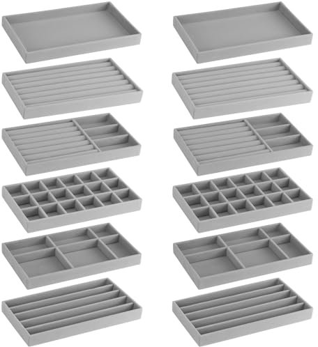 BOJVESH 12Pcs Velvet Stackable Jewellery Trays, Grey Jewellery Drawer Organiser, Large Removable Display Jewellery Tray, Necklace Bracelet Storage Box for Earring, Ring, Brooch, Watch