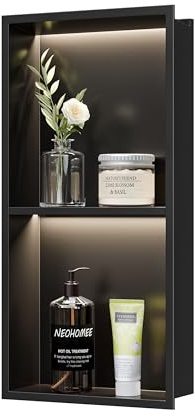 Neohomee Douche niche murale en acier inoxydable avec lumière LED - Noir - Avec étagère - Double niche de rangement pour salle de bain - 60 x 30 cm