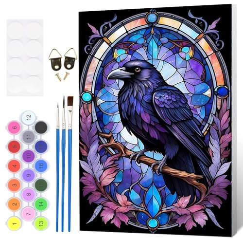 Fumupe Stained Glasses Birds Paint by Numbers for Adults Beginner with Frame, Painting by Numbers for Adults on Canvas, DIY Acrylic Painting Kit Art and Crafts Gifts for Home Wall Decor, 8x12 inch