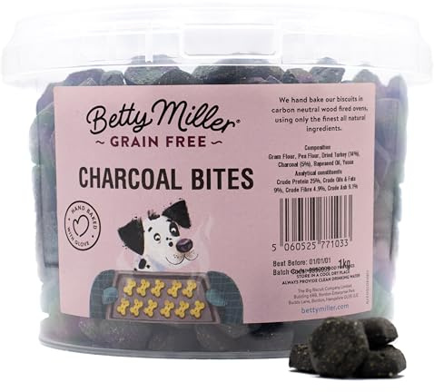 Betty Miller Grain Free Dog Treats - Charcoal Bites - 1kg Bulk Dog Treats - British Baked Dog Biscuits - Charcoal Biscuits for Dogs