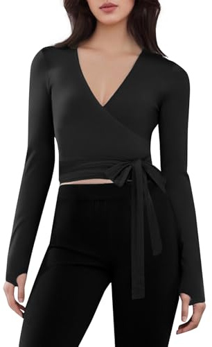 Edhomenn Dam långärmad omlott topp djup V-hals smal passform tumhålsblus damer framsida slips kors wrap t-shirt yoga balett pilates träningstopp, 01svart, L