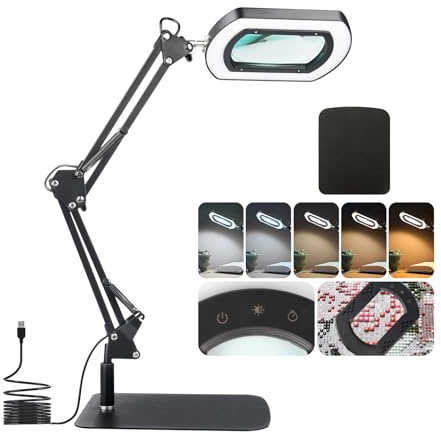 Zhiwei 2-i-1 10 x fyrkantigt förstoringsglas med ljus och stativ, 5 färglägen steglös dimbar, flexibel svängarm LED-skrivbord för läsning, målning, utforska och nära arbete.