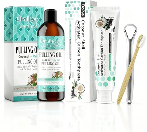 Natürliche Kokosöl Mundspülung 100ml Set mit Zungenschaber, 120g Aktivkohle-Zahnpasta & Zahnbürste, Mundwasser mit Kokosöl & Pfefferminzöl Mundziehöl Alkoholfrei gegen Mundgeruch für Frischen Atem