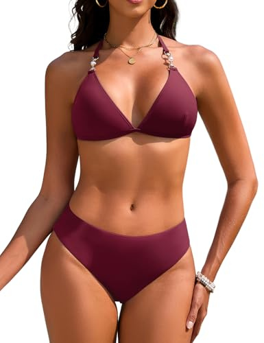 Vijamiy Bikini Mujer Tanga Traje De Baño para Mujer Cuello en V Push Up Triángulo Bikini Top Conjunto de Bikinis Tanga Bañador Sexy Swimwear Vikini con Pearl Strings(Rojo Vino,XXL)