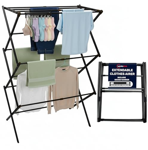 Laundry Mate Extendable Clothes Airer with Sock Clips - 3 Tier Space Saving Foldable Laundry Rack - Heavy Duty Clothes Horse Dryer Rack for Indoor & Outdoor - Extends up to 71CM 11 Hanging Poles