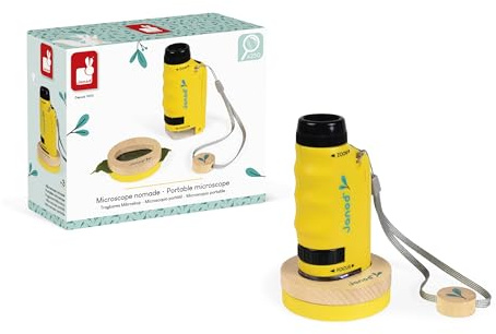 Janod - Microscopio de Bolsillo nómada para niños - Aumento de 50x-250x + Soporte de Madera - Diseñado para Descubrir la Naturaleza y el jardín - A Partir de 3 años