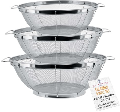 U.S. Kitchen Supply Set of 3 Stainless Steel Colander Strainers Net Baskets 5, 4, & 3-Quart - Colander with Handles & Resting Base - Stainless Steel Sieve, Mesh Strainers and Colanders for Kitchen
