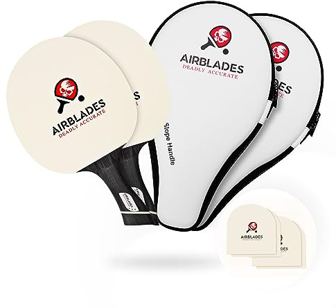 AIRBLADES Professional Ping Pong Paddles Set of 2 + Two Spare Rubbers + Hard Carry Case | Pro Table Tennis Racket with Ergonomic Handle | 5 Blades of Wood with Premium Rubber and Sponge