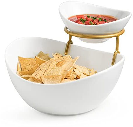Miamolo Porcelain Serving Bowl Set for Appetizer Serving Dishes Set with 2 Compartment, Chip and Dip Taco Rack Display Salad Bar Serving Set, Gold Stand