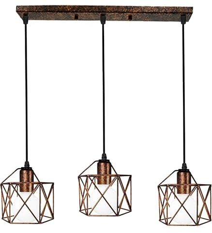 PETITES ECREVISSES Lampadario a Sospensione Vintage 3 Luci Industriale E27 Plafoniera Retro in Metallo gabbia Lampada da soffitto per Cucina Salotto (Arrugginito -con una barra)