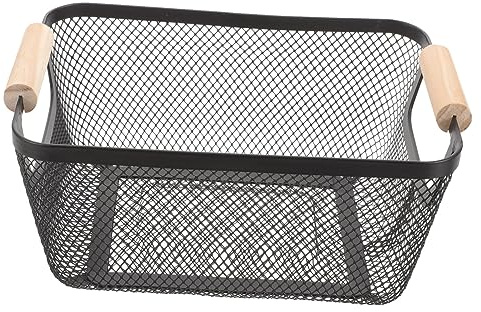 TOPBATHY Black Metal Mesh Basket with Wooden Handle - Versatile Storage Solution for Kitchen Bathroom Office - Nordic Style 10 04 X 6 69 X 4 13 Inches