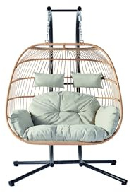Concept USINE | Sillón Colgante de 2 plazas | Faro Natural | Resina de Aspecto de ratán | Estructura de Acero Resistente | Cojín Grande Desmontable | Hamaca Columpio para 2 Personas en pie
